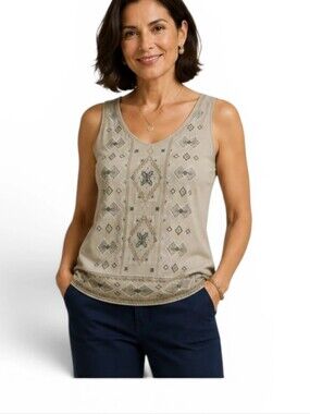 J. Jill Embroidered Tank Top Size Small Green Cotton Modal Blend Boho